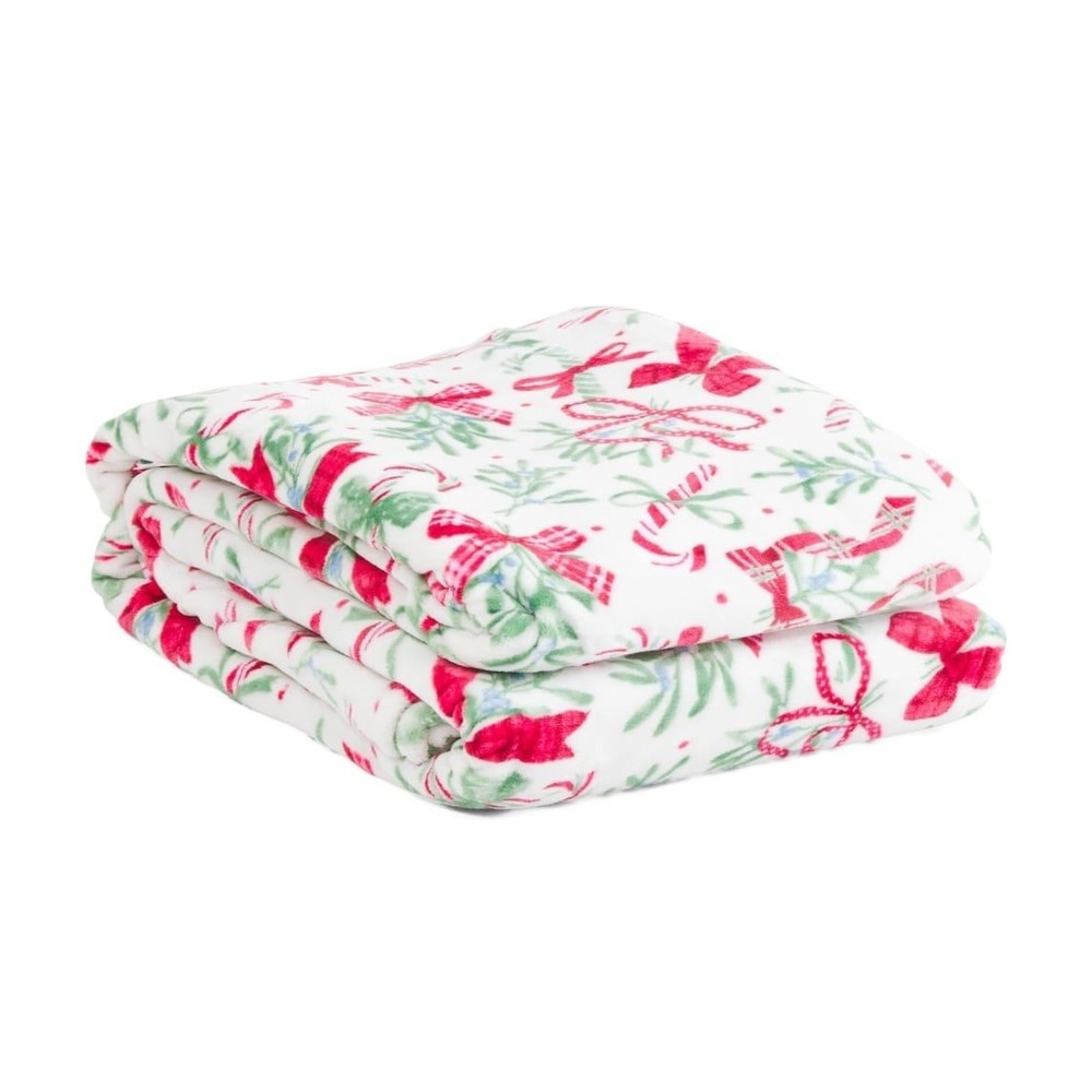 Cynthia Rowley New York‎ Soft Plush Holiday Throw Blanket Candy Cane Bows